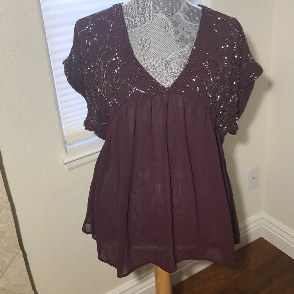Grayson Threads Plum Embellished V-Neck Blouse